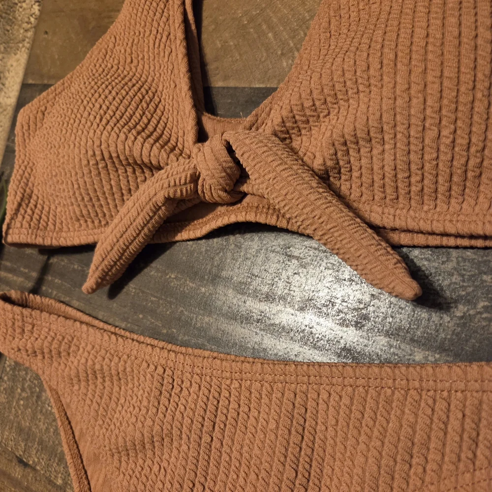 New Rust Ribbed Textured Tie Bikini Set S Small - Picture 3 of 7